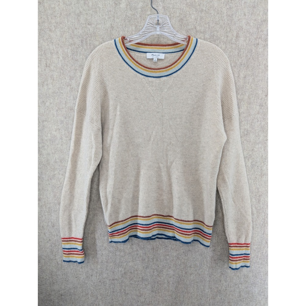 Madewell Cream Crewneck Sweater with Rainbow Trim
